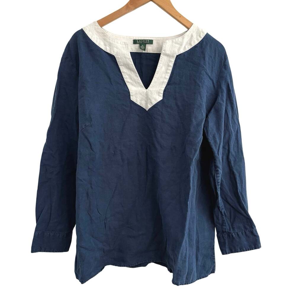 Lauren Ralph Lauren 100% Linen Top Roll Tap Sleeve Women’s Size 1X Coastal Beach
